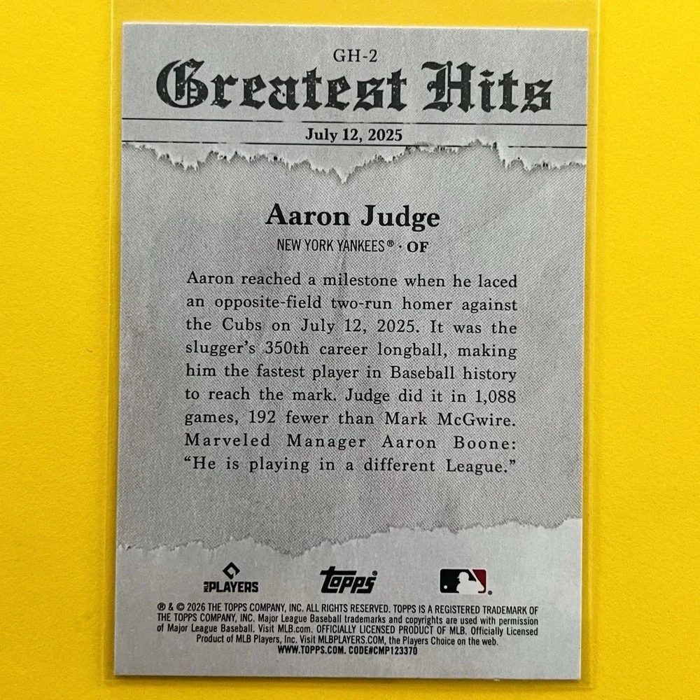 2026 Topps Series 1 Aaron Judge Greatest Hits 2025 GH-2‎ Yankees Insert